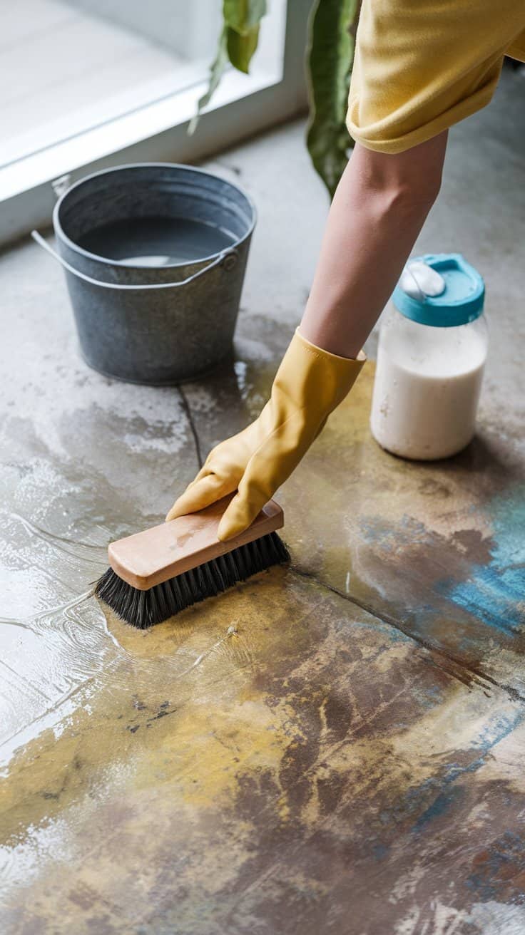 Person cleaning a concrete floor with a brush and homemade cleaner.