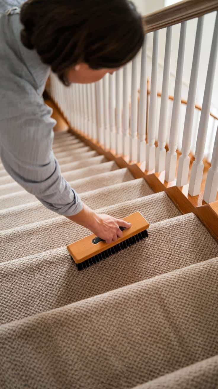 A person using a brush on carpet stairs, maintaining their texture.