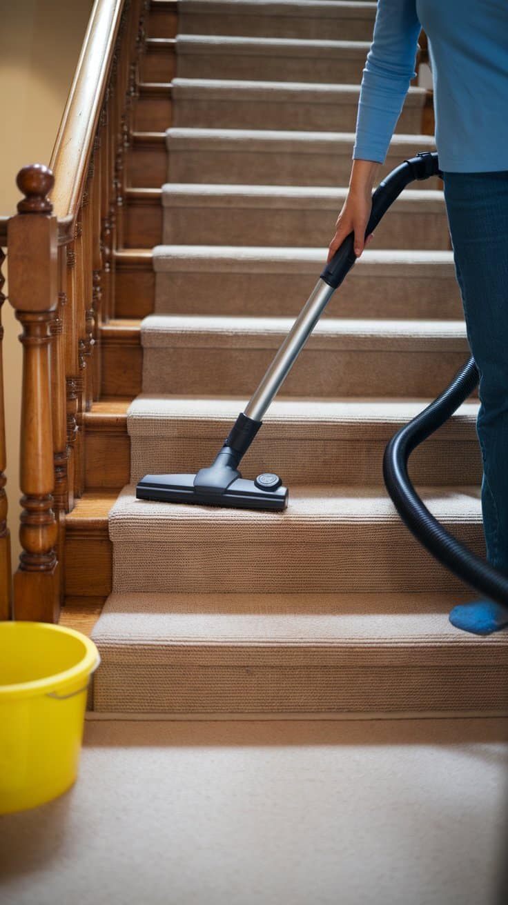 Person vacuuming stairs with a vacuum cleaner.