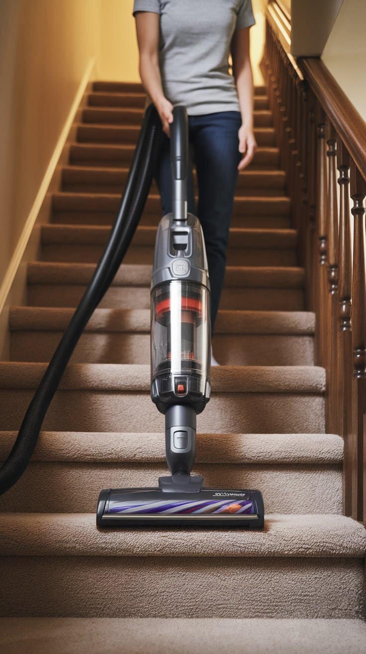 A person vacuuming carpeted stairs with a vacuum cleaner.