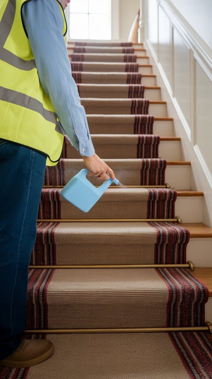 A person spraying fabric freshener on stairs carpet.