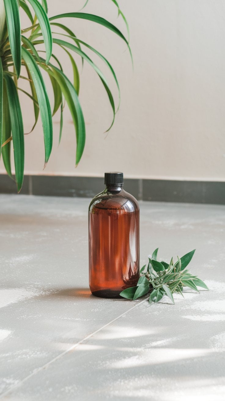 A bottle of herbal infused floor cleaner placed on a clean floor with a plant in the background.