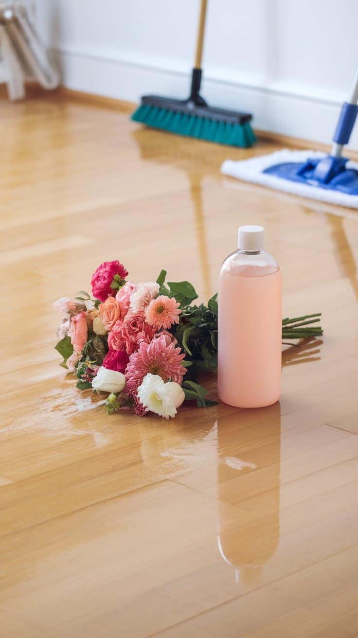 A bottle of scented polish with flowers next to it on a clean floor.