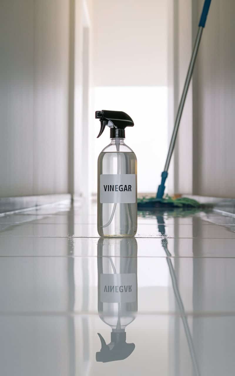 A spray bottle filled with vinegar stands on a shiny floor in a hallway.