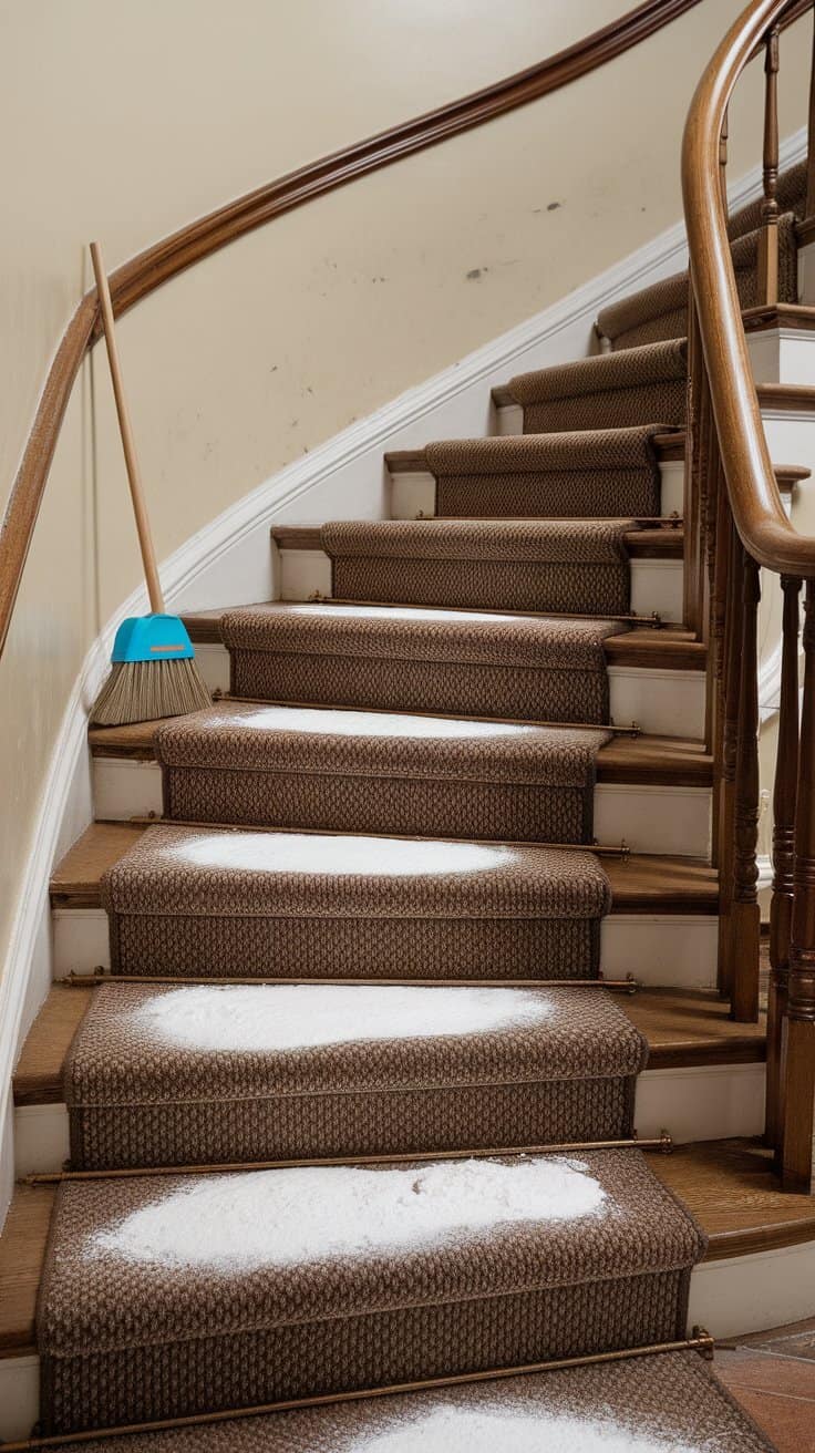 Stairs covered with baking soda for cleaning purposes.