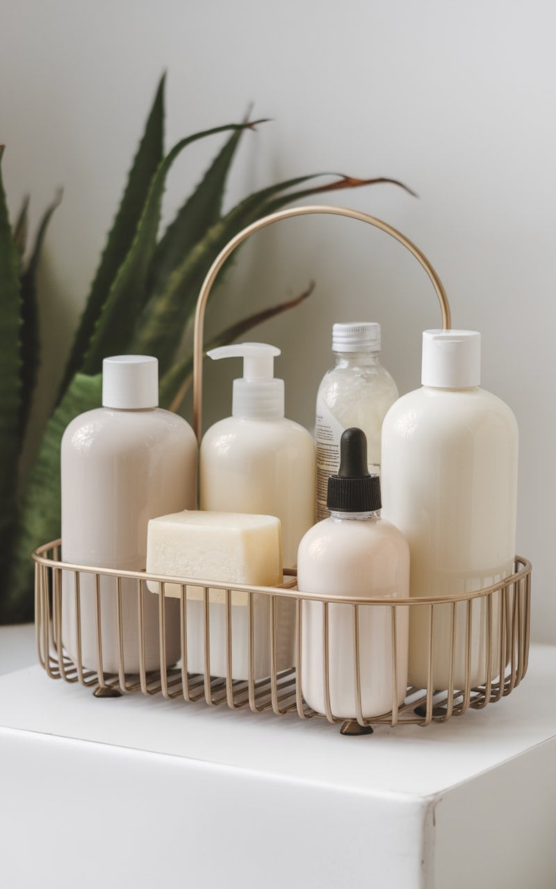 A stylish shower caddy displaying various bath products and a plant.