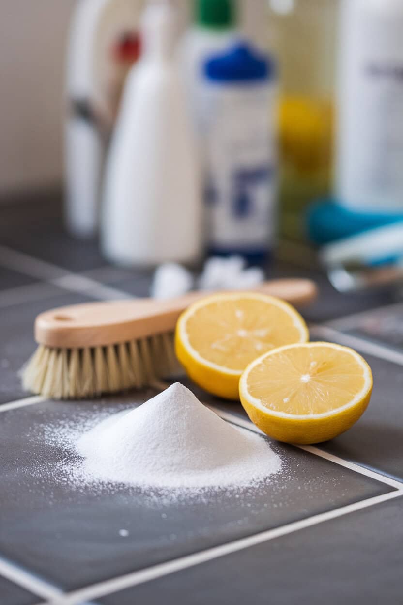 Baking soda and lemon slices with a brush on a tiled surface.