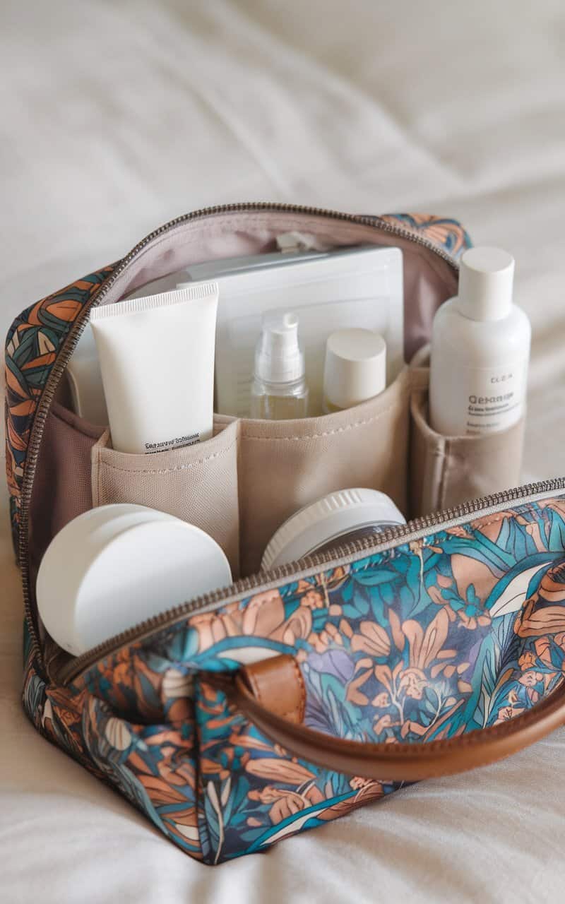 A neatly organized travel skincare kit with various products in a stylish bag, resting on a bed.