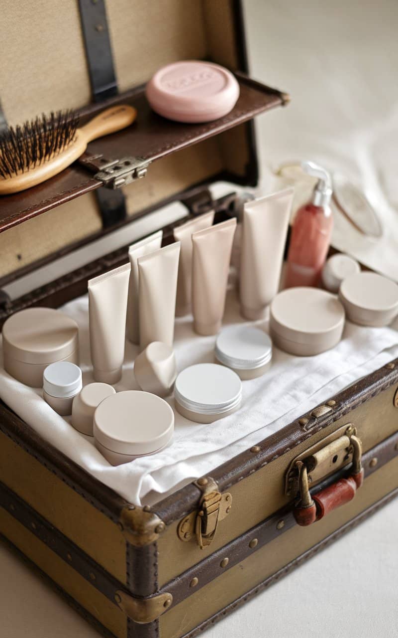 A vintage trunk filled with various skincare products.