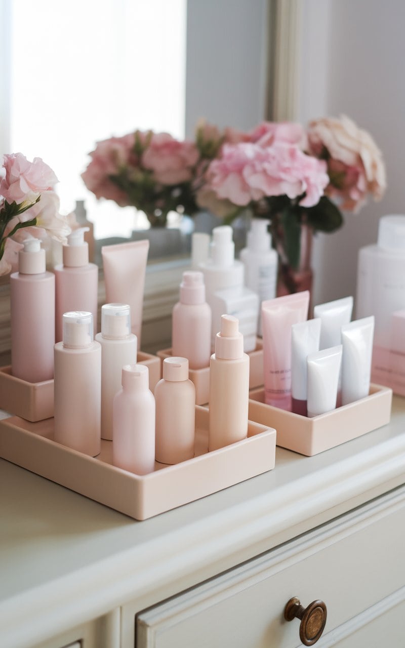 A photo of an organized display of skincare products on a dresser. The products are in plain, unlabeled pastel containers and include both bottles and tubes.