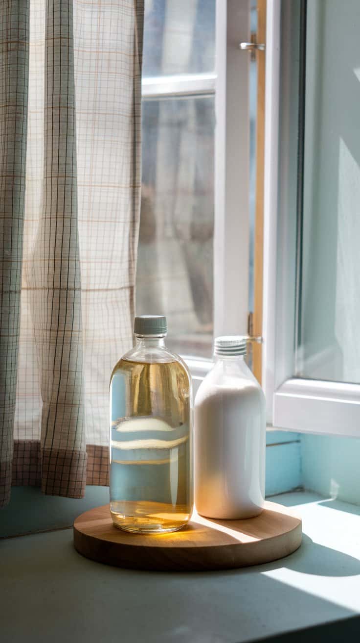 Bottles of vinegar and cornstarch placed in front of a window.