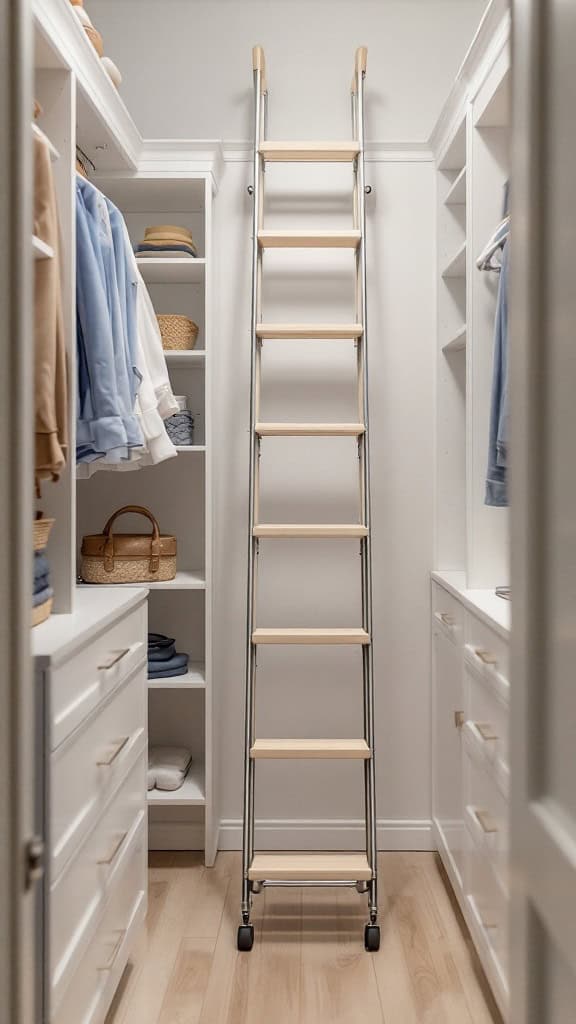 A stylish walk-in closet featuring a rolling ladder for easy access to high shelves.