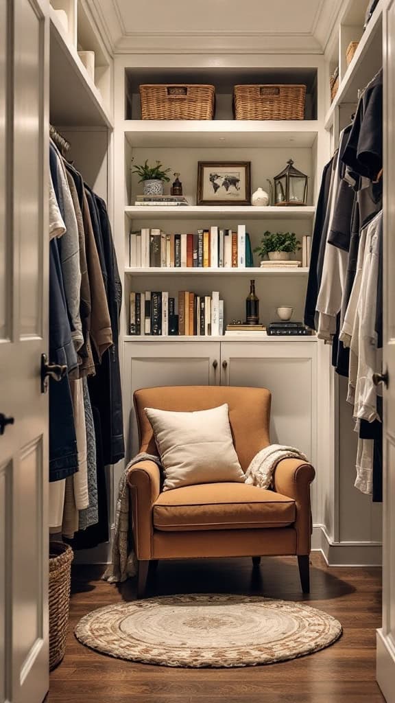 A cozy reading nook with a comfortable chair, bookshelves, and a warm atmosphere.