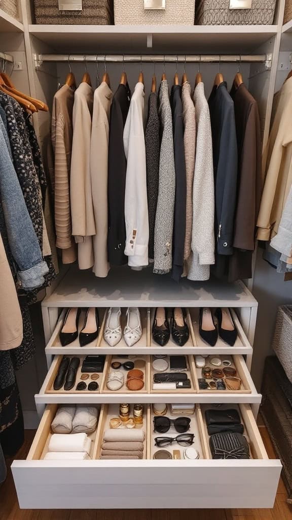 A neatly organized drawer with dividers holding shoes, watches, and accessories.