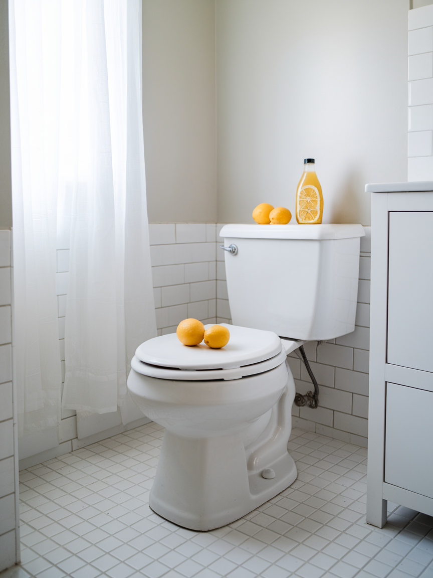 A photo of a bathroom with a toilet tank. On the tank, there is a bottle of lemon juice and a few lemons.