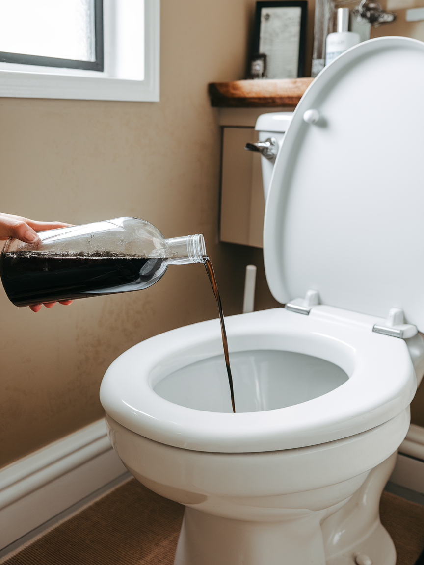 A photo of a clear bottle of black soda being poured into a white toilet bowl.