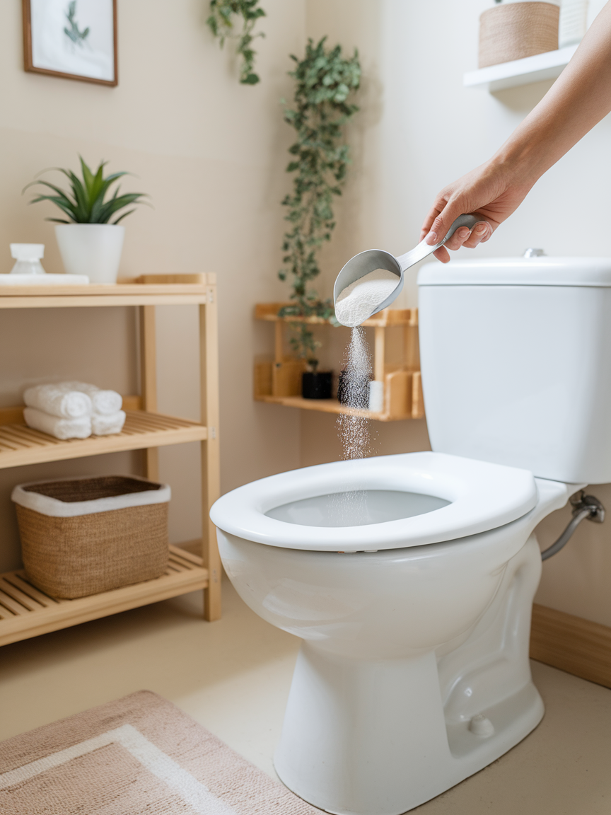 A photo of a clean and fresh bathroom environment with a toilet tank. A scoop is being used to sprinkle Borax powder into the toilet tank.