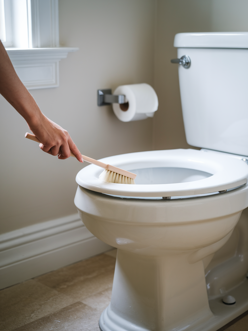 A photo of a hand using a toilet brush to clean the rim of a toilet bowl.