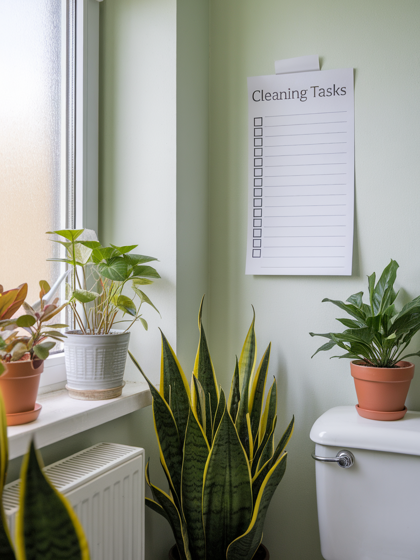 A photo of a clean and vibrant toilet room with a few plants in pots near the window. On the wall, there is a blank checklist note with the text "CLEANING TASKS" written in bold letters.