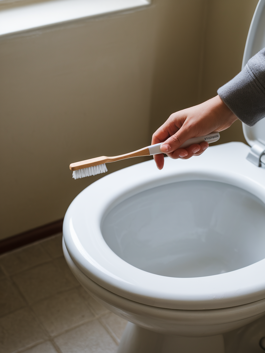 A photo of a toothbrush with white bristles being used to clean the rim of a toilet bowl.
