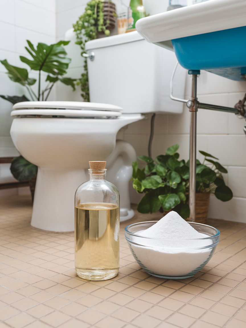 A photo of a clear bottle of vinegar and a bowl of baking soda in a toilet room
