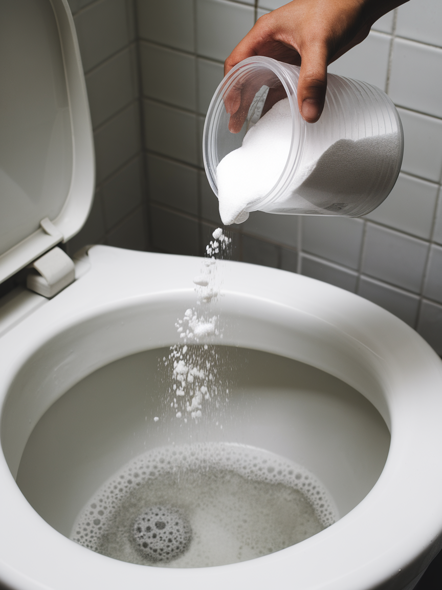 A photo of a person pouring a scoop of baking soda into a toilet bowl, creating a fizzing effect.