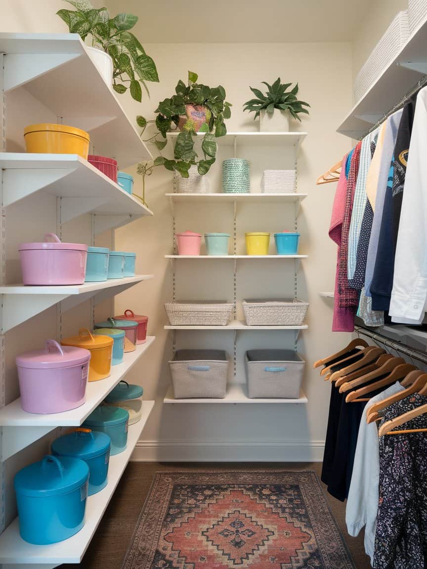 A beautifully organized laundry closet with wall-mounted shelves displaying colorful containers and plants.