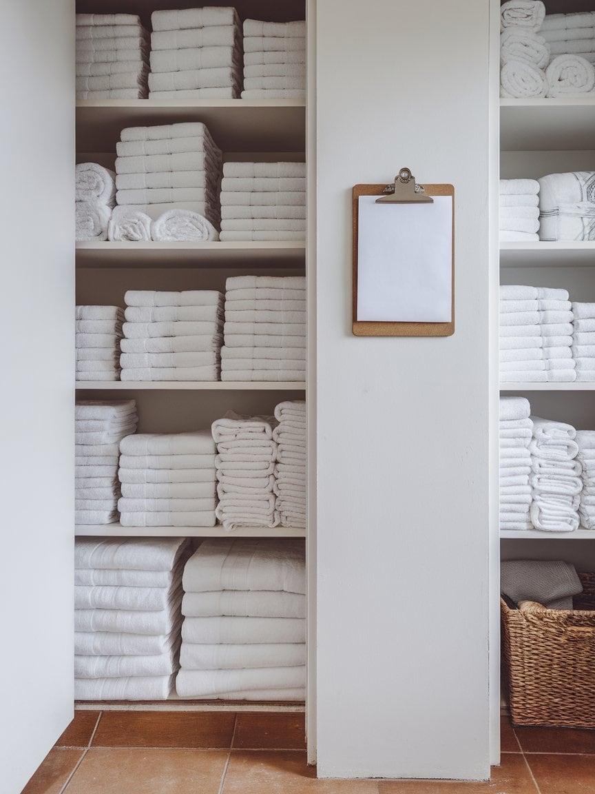 Linen closet inventory checklist with neatly folded towels.