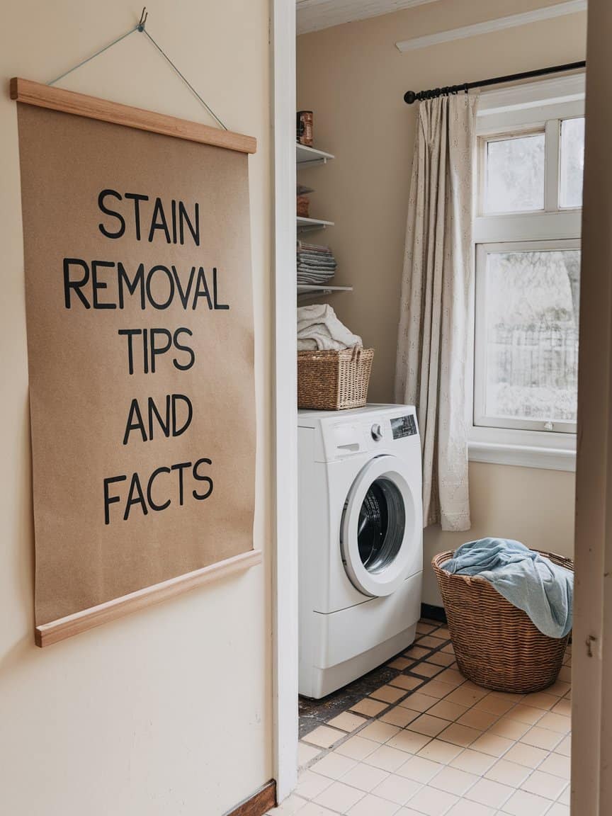 Poster on stain removal tips and facts hanging on a wall near a washing machine.