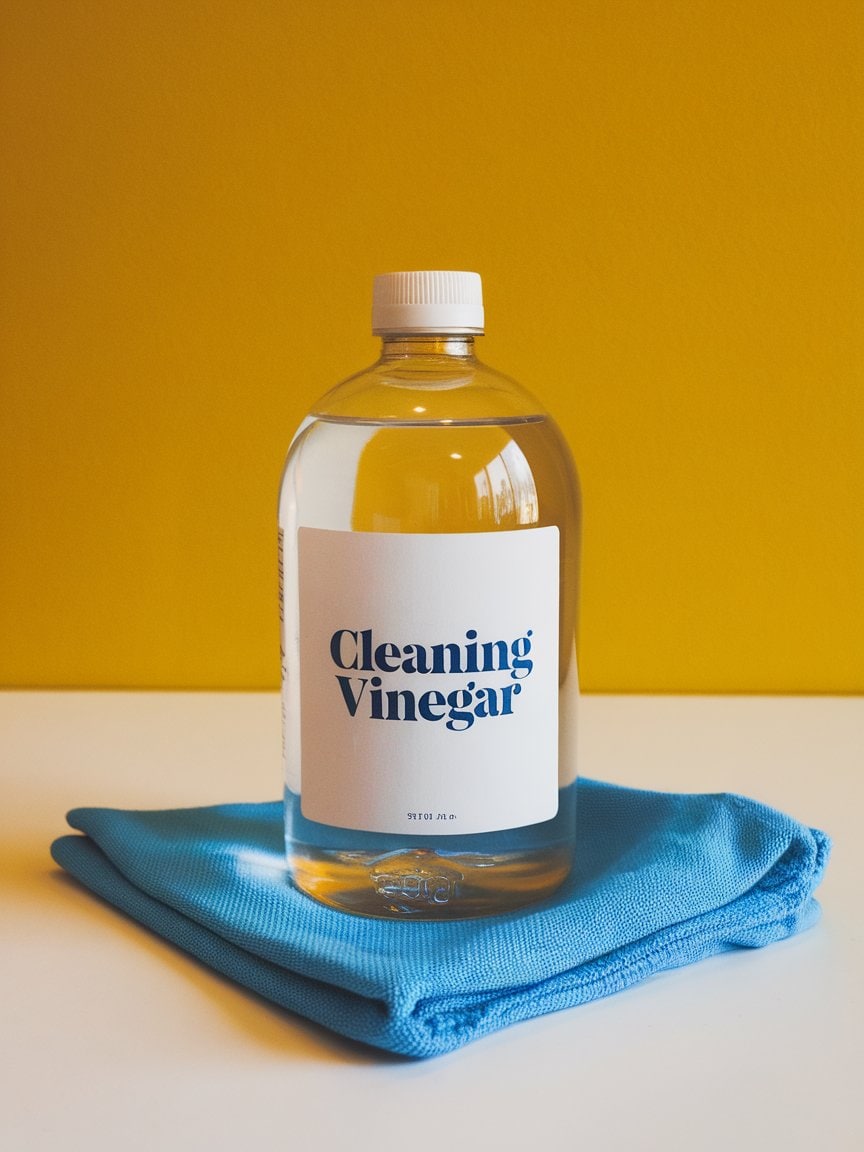 A bottle of cleaning vinegar placed on a blue cloth with a yellow background.