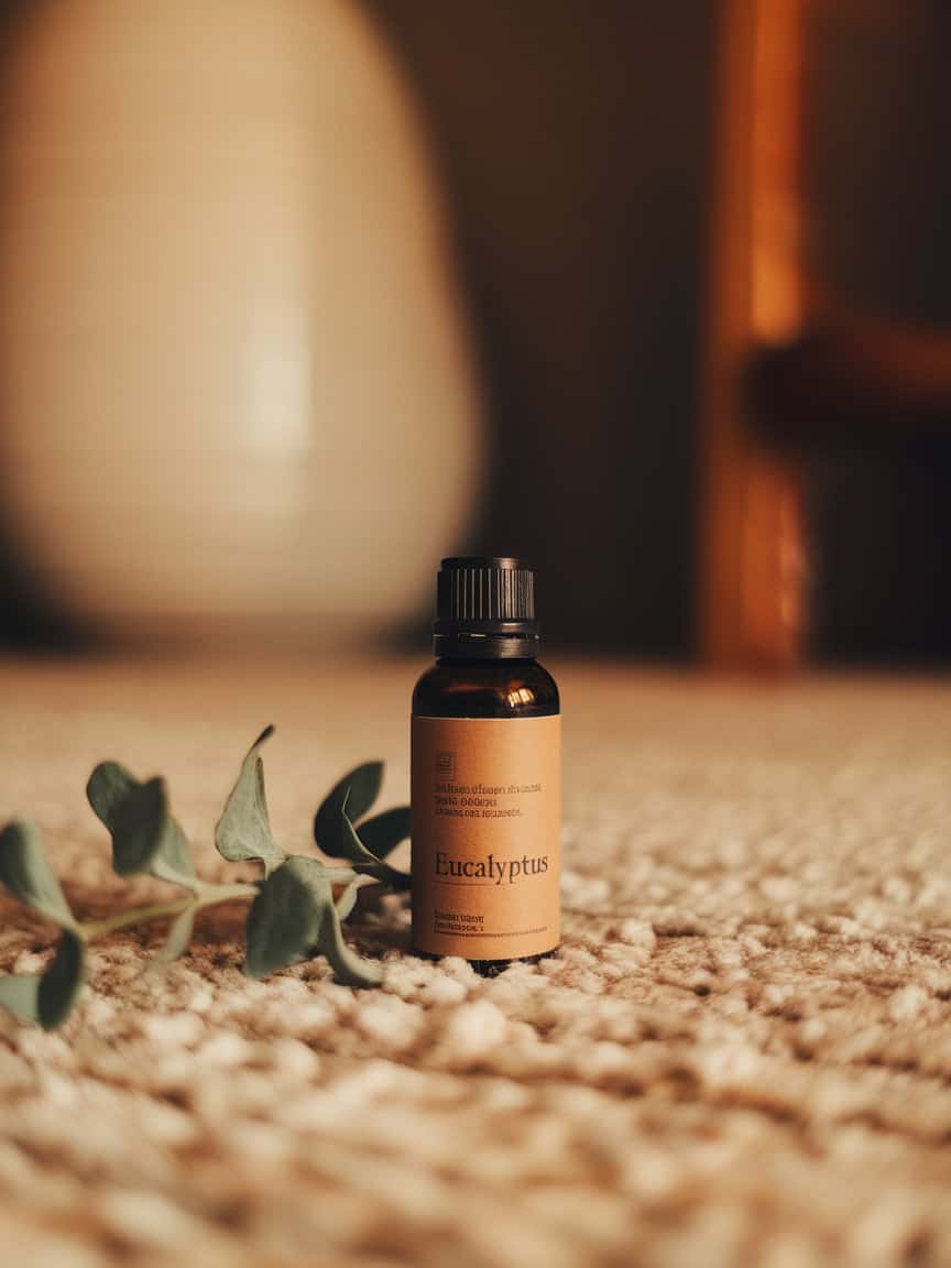 A bottle of eucalyptus oil placed on a soft, textured carpet with some greenery.