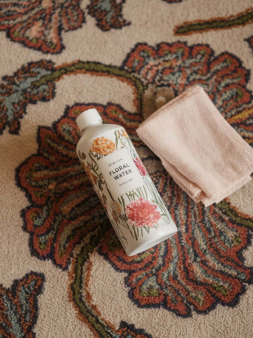 A bottle of floral water with a floral design placed on carpet with a soft cloth.