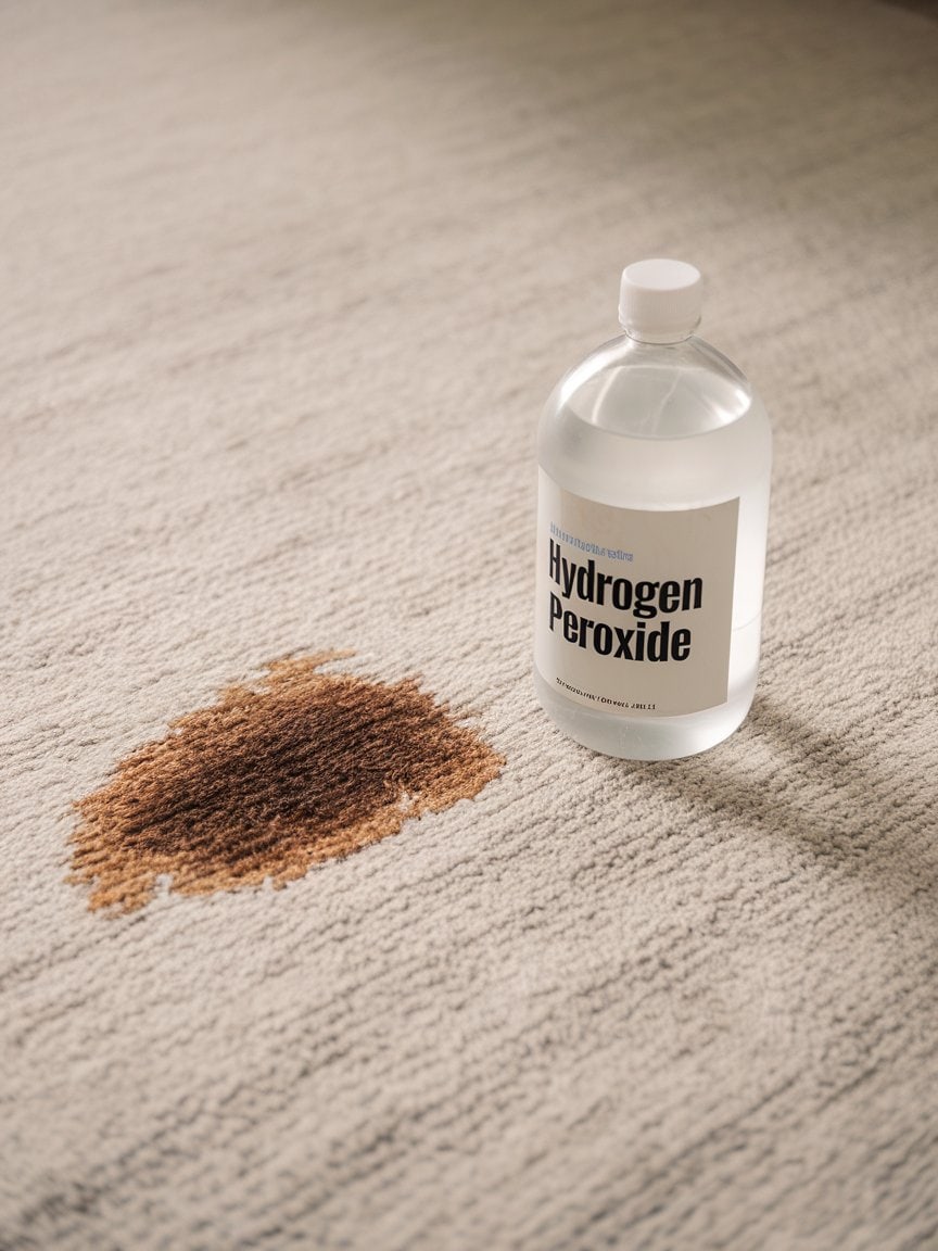 A bottle of hydrogen peroxide next to a stained carpet.
