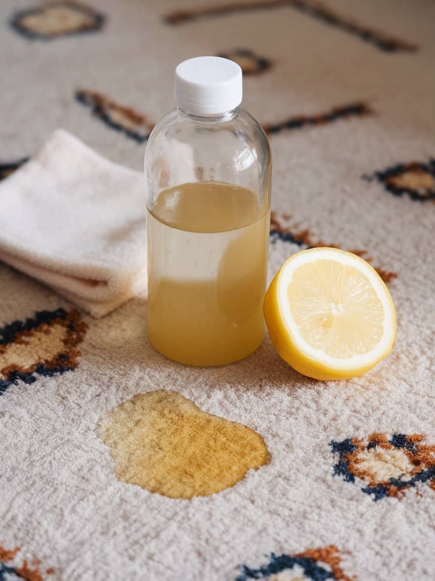 A photo of a bottle of lemon juice and vinegar mixture on a carpet.