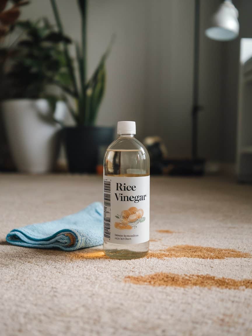 Bottle of rice vinegar with a cleaning cloth on a carpet