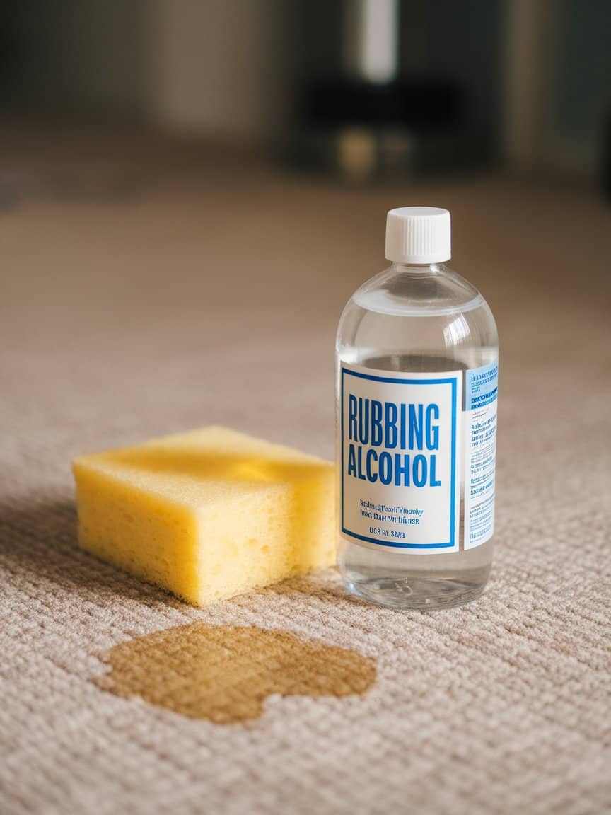 A bottle of rubbing alcohol next to a sponge on a carpet.