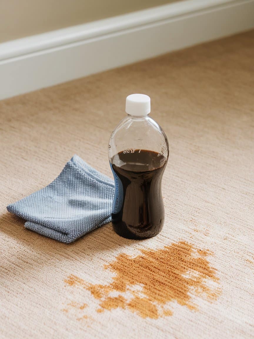 A photo of a bottle of soy sauce and water mixture on a carpet