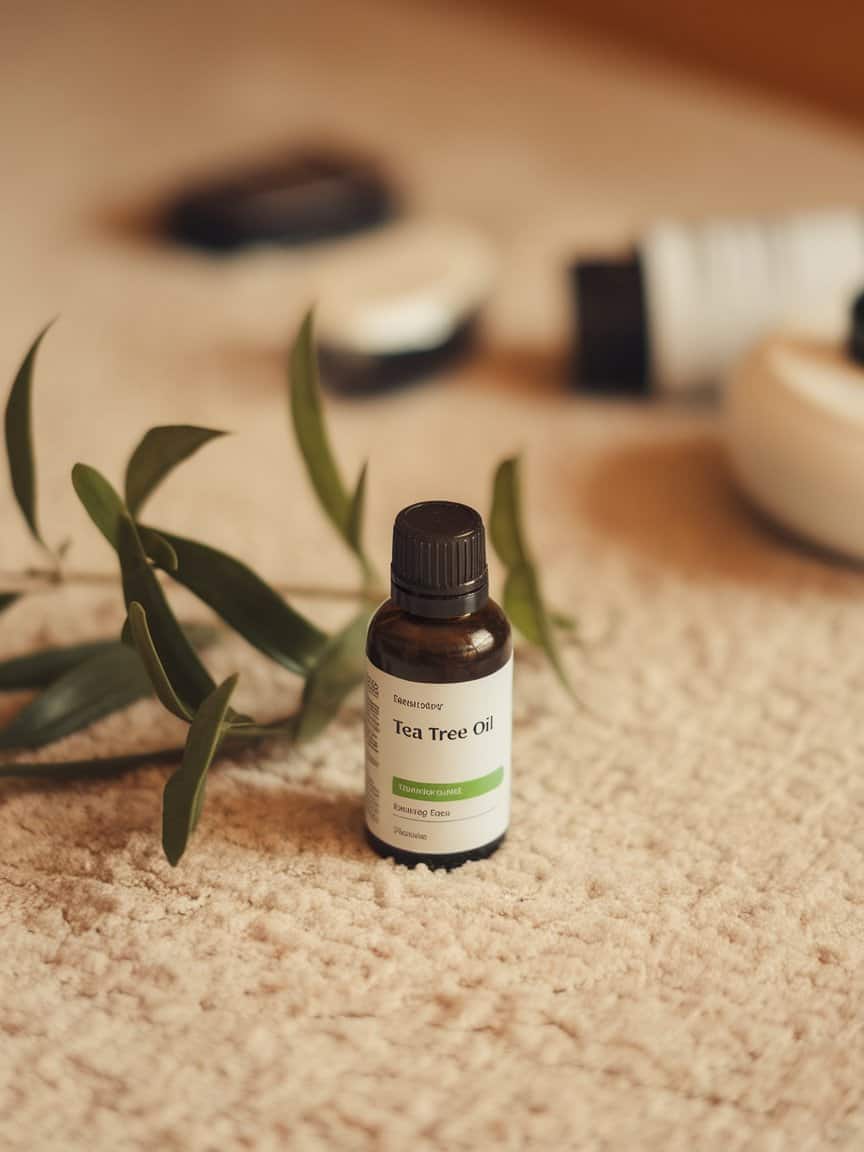 A bottle of tea tree oil on a soft, light-colored carpet with green leaves.