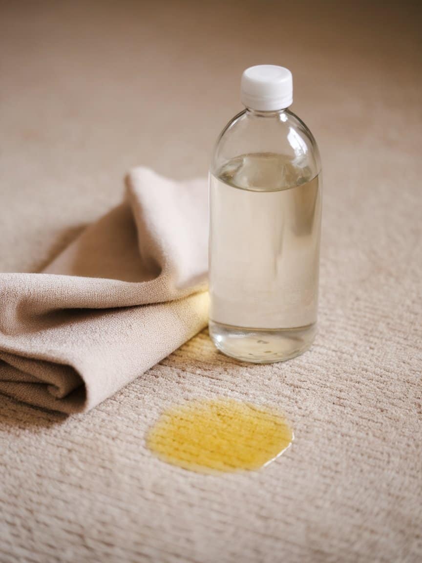 A bottle of white vinegar next to a soft cloth on a carpet.