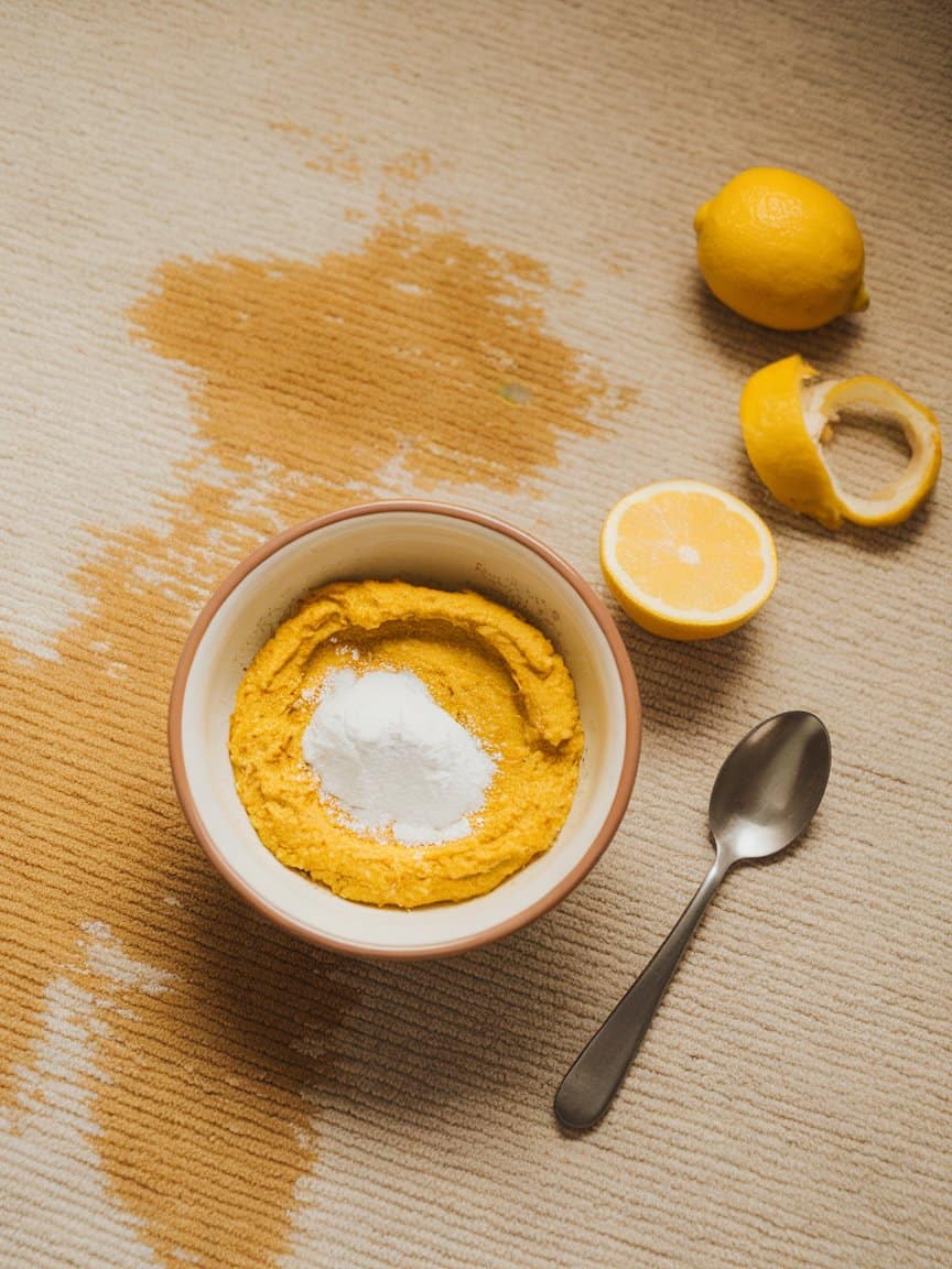 A photo of a bowl containing a yellow paste made from a mixture of lemon and baking soda.