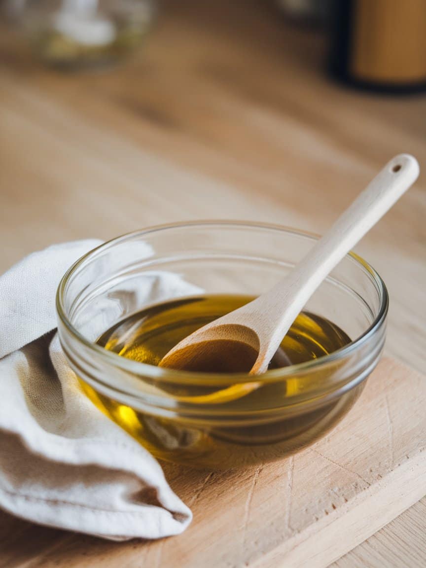 A bowl containing olive oil and vinegar with a wooden spoon, surrounded by a cloth.