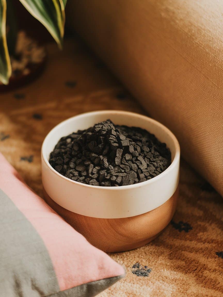 A photo of a bowl of activated charcoal placed on a carpet.