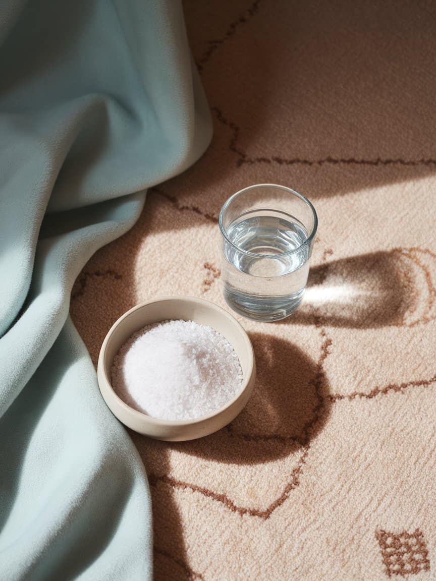A photo of a bowl of salt and a glass of water on a carpet, with some soft fabric nearby.
