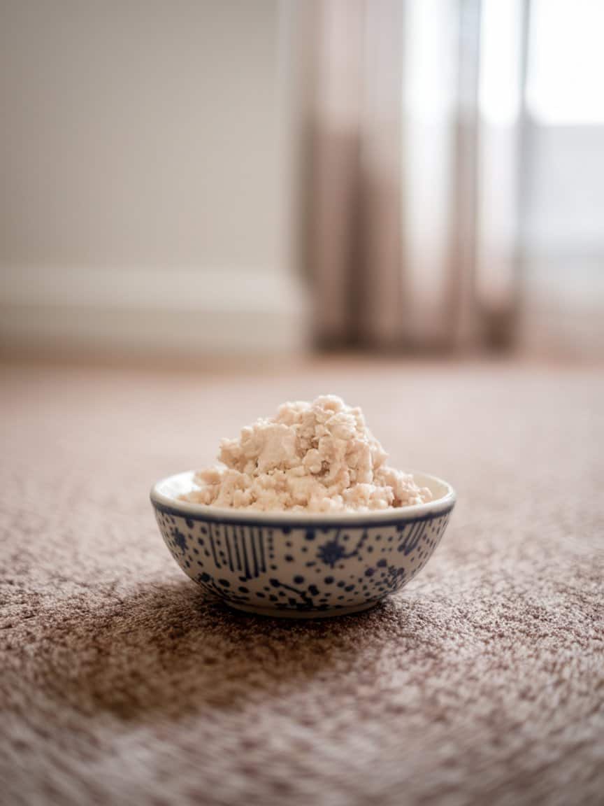 A photo of a bowl of white grainy paste beside a brown carpet stain.