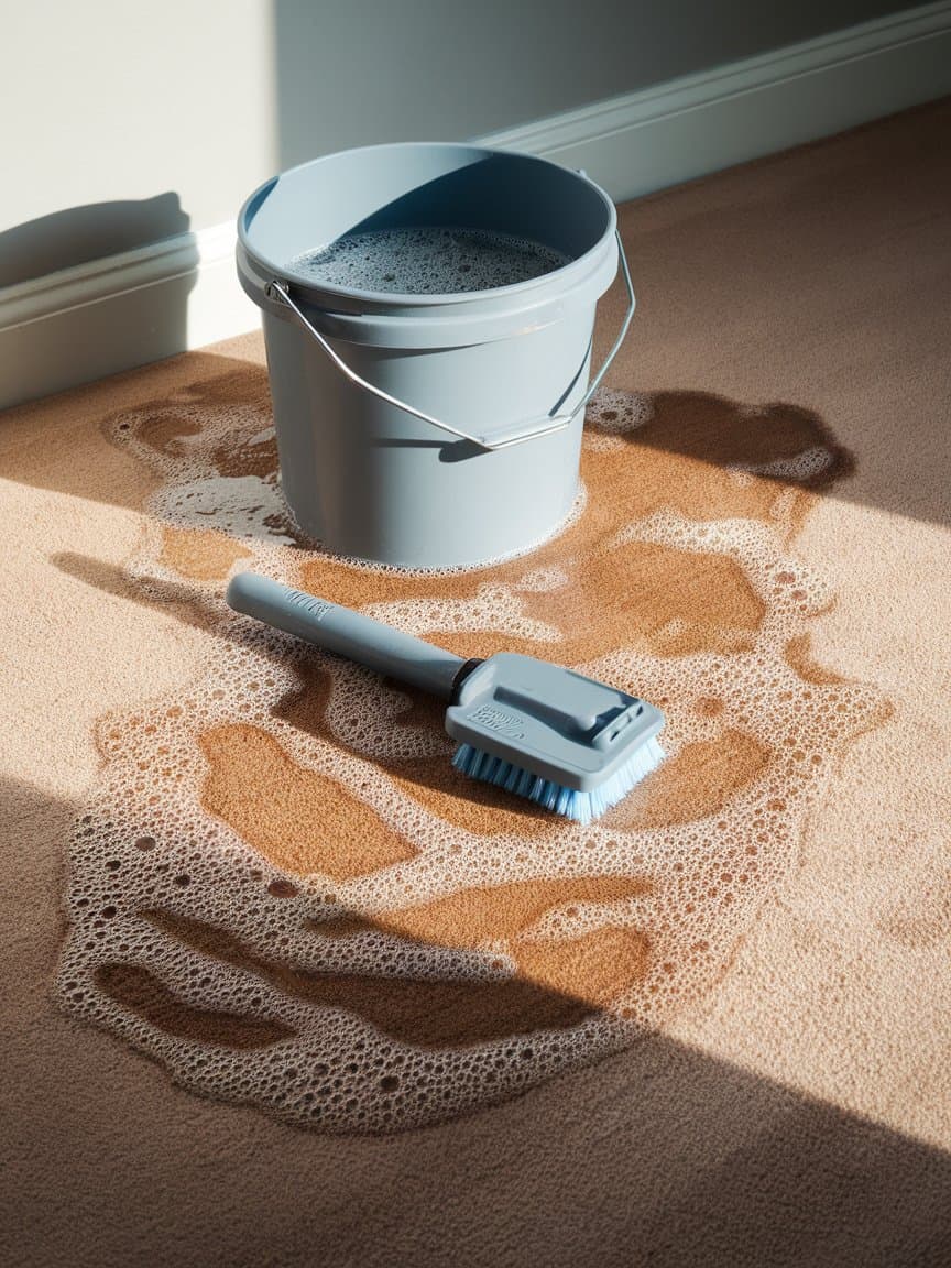 A bucket filled with soapy water and a cleaning tool.