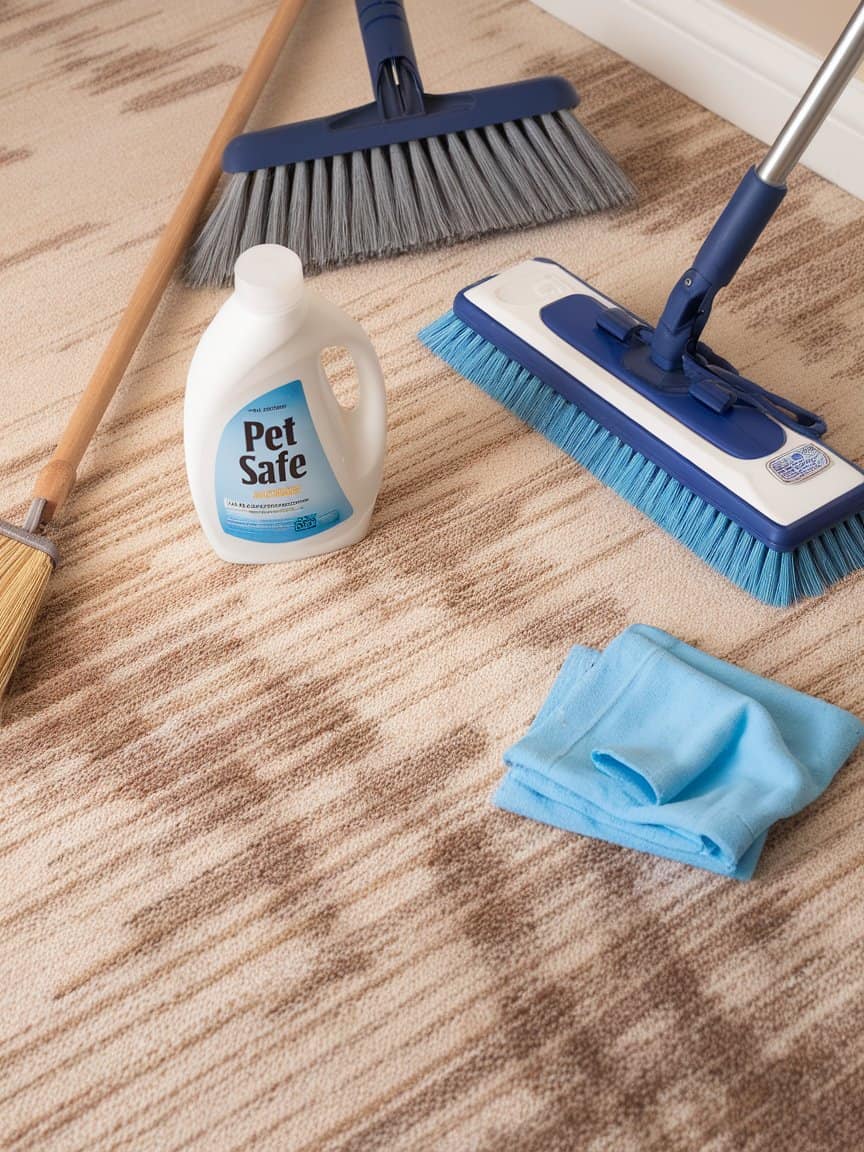 A photo of a carpet with a variety of cleaning supplies. There is a detergent bottle with the label "PET SAFE".