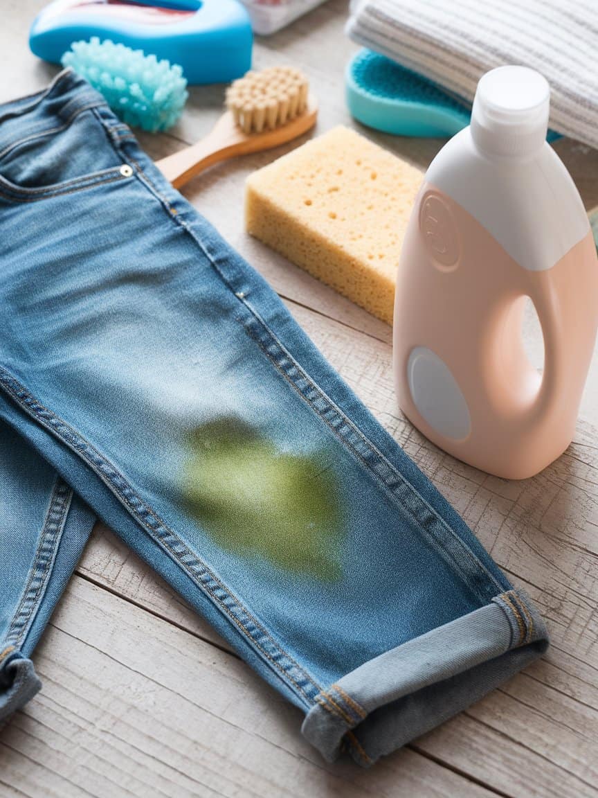 Jeans with grass stains and laundry detergent bottles beside them.