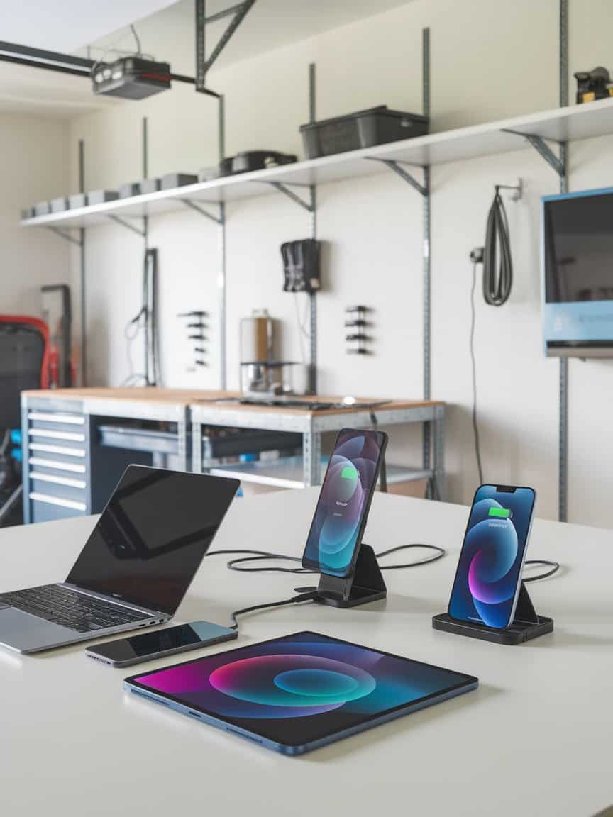 A photo of a clean and organized garage with a few gadgets charging at smart charging station