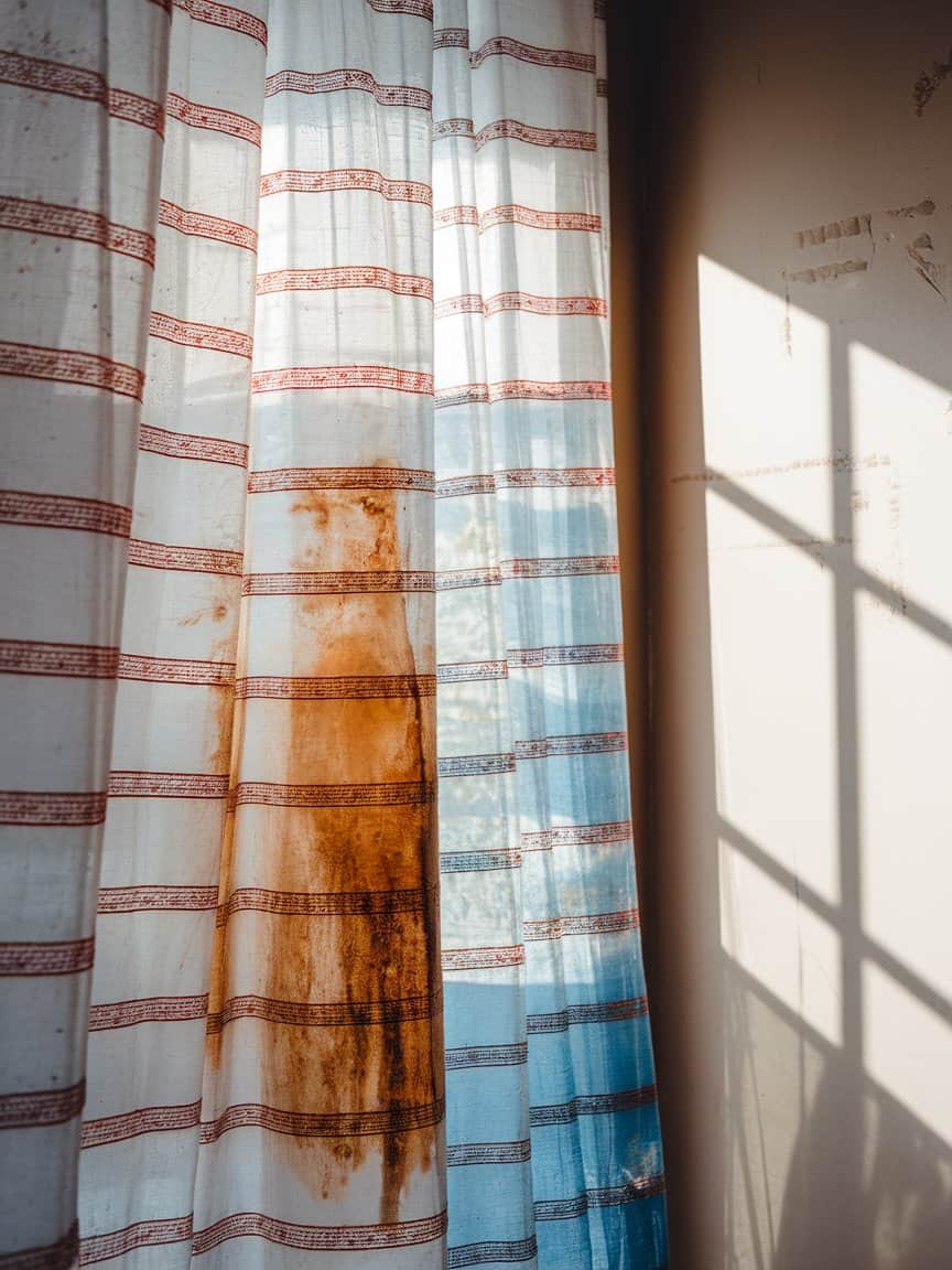 A photo of a close up of a stained curtain.