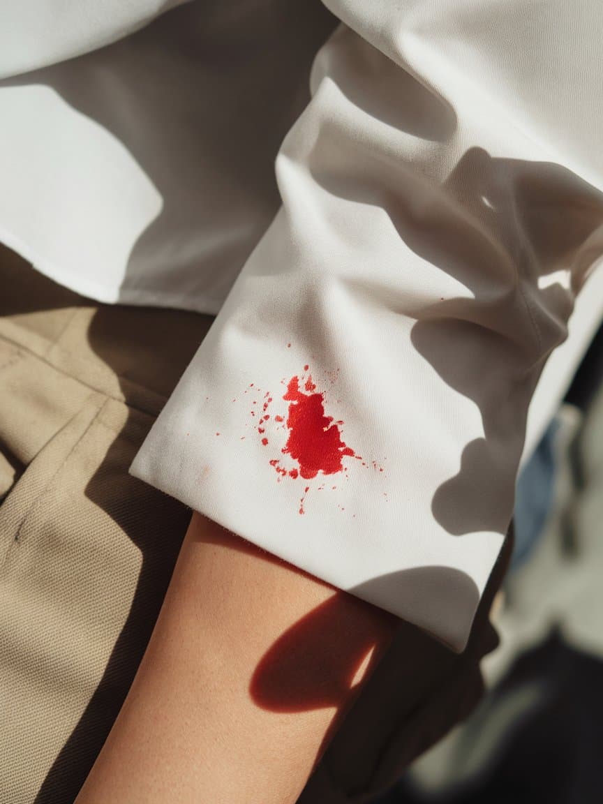 A close-up of a white fabric with blood stains, highlighting the challenge of removing such stains.
